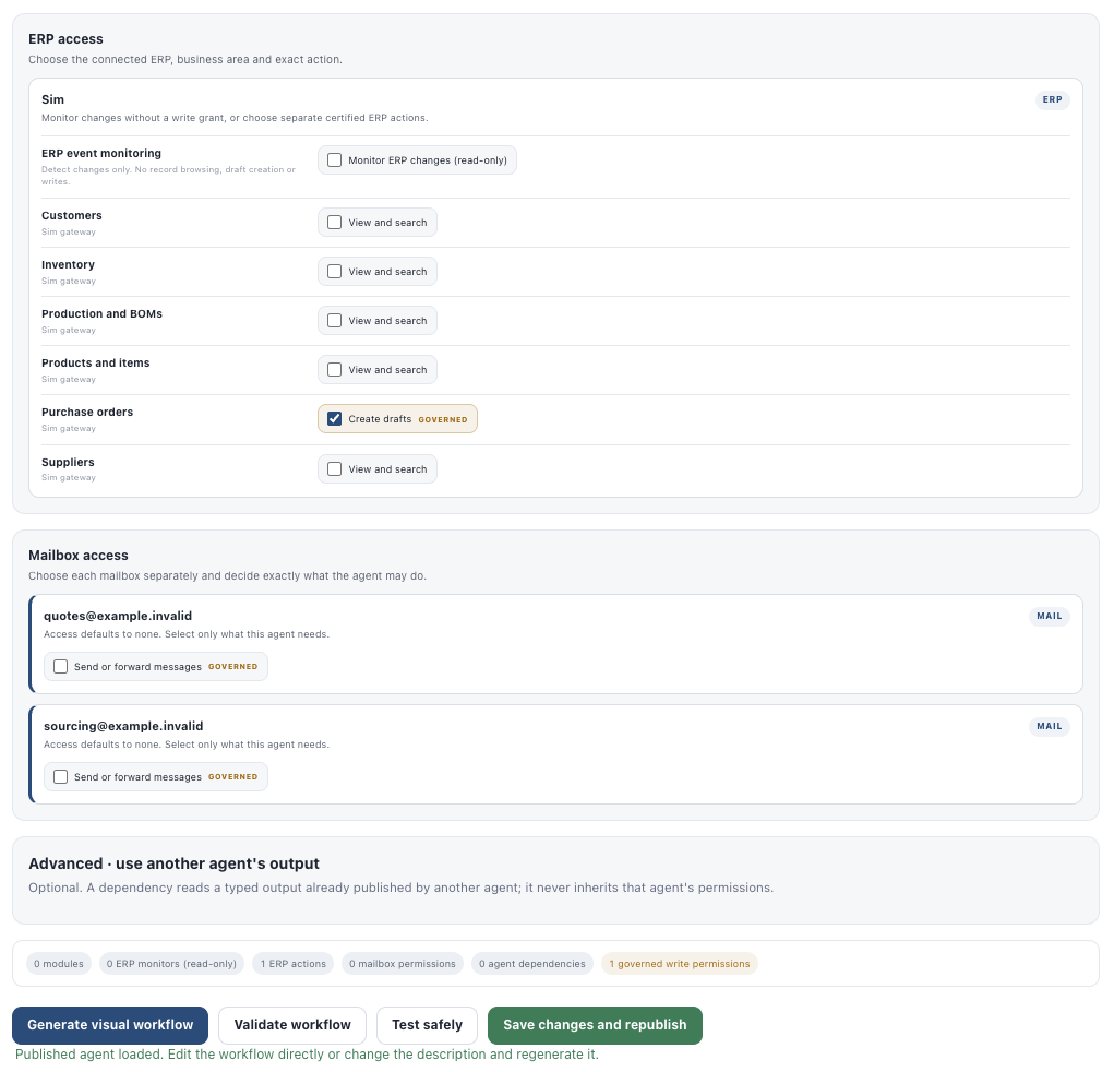 Bevoegdheden per ERP-domein en mailbox in Agent Builder